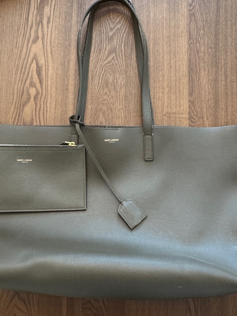 Saint Laurent Olive Leather Tote with Pouch
